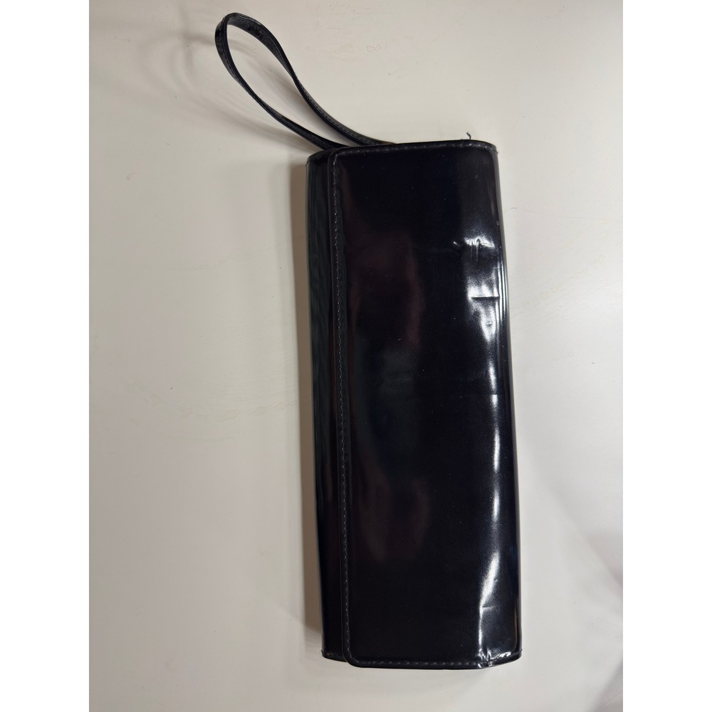 Nordstrom Black Patent Leather Wristlet Clutch Bag Bronze Satin Zip Pocket